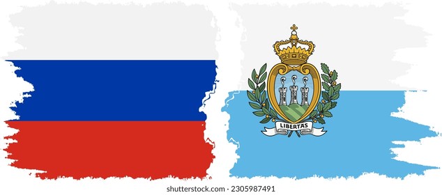 San Marino and Russia grunge flags connection, vector