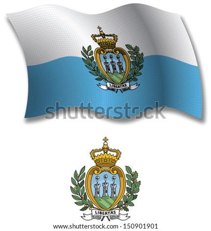 san marino shadowed textured wavy flag and coat of arms against white background, vector art illustration, image contains transparency transparency