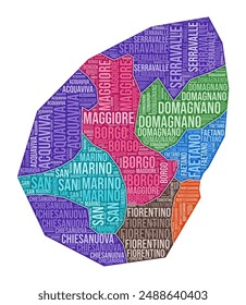 San Marino shape. Country word cloud with region division. San Marino colored illustration. Region names cloud. Vector illustration.