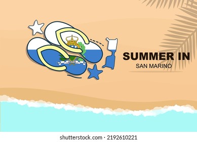 San Marino summer holiday vector banner, beach vacation concept, flip flops sunglasses starfish on sand, copy space area, San Marino summer travel and tourism idea with flag