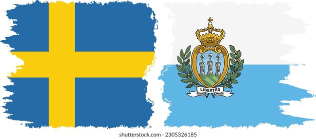 San Marino and Sweden grunge flags connection, vector