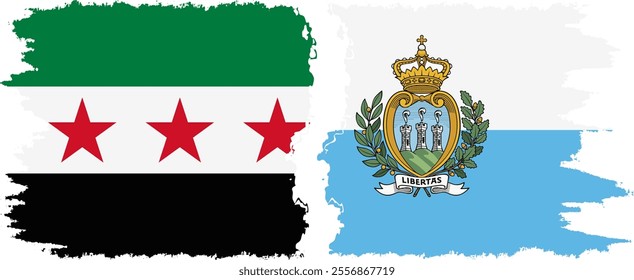 San Marino and Syrian Revolution grunge flags connection, vector