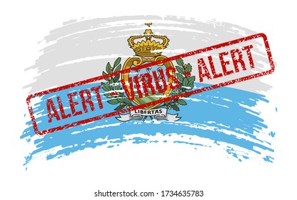 San Marino torn flag with a stamp with the words alert virus, vector image
