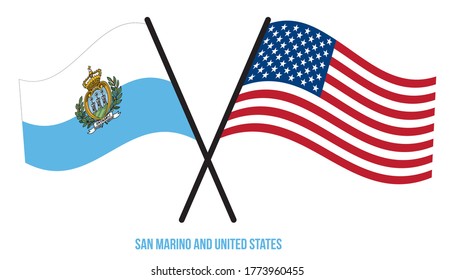 San Marino and United States Flags Crossed And Waving Flat Style. Official Proportion. Correct Colors.