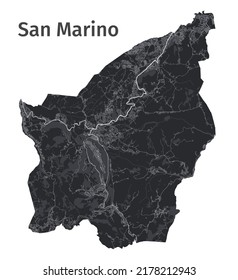 San Marino vector map. Detailed vector map of San Marino country administrative area. countryscape poster metropolitan aria view. Black land with white buildings, water, forest. White background.