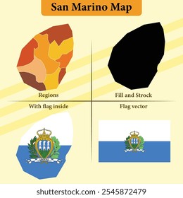 Mapa vetorial de San Marino com regiões sobreposição de bandeira de silhueta preta e bandeira autônoma ideal para materiais educacionais infográficos e projetos de design que mostram a geografia e identidade do Azerbaijão