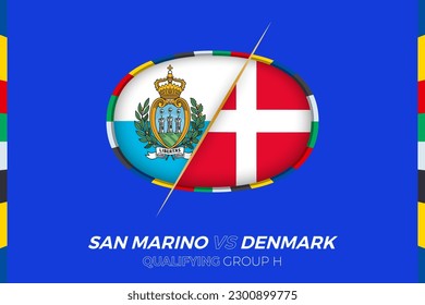 San Marino vs Denmark icon for European football tournament qualification, group H. Competition icon on the stylized background.