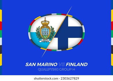 San Marino vs Finland icon for European football tournament qualification, group H. Competition icon on the stylized background.