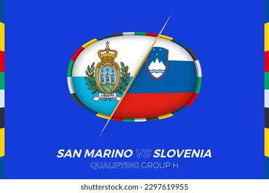 San Marino vs Slovenia icon for European football tournament qualification, group H. Competition icon on the stylized background.