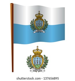 san marino wavy flag and coat of arm against white background, vector art illustration, image contains transparency