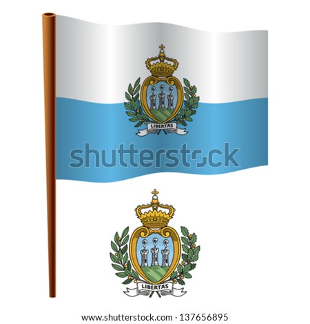 san marino wavy flag and coat of arm against white background, vector art illustration, image contains transparency