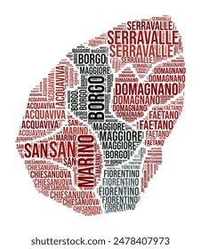 San Marino Word Cloud. Country shape with region division. San Marino typography style image. Region names tag clouds. Vector illustration.