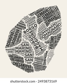 San Marino Word Cloud. Country with regions division. San Marino typographic text clouds vector image design. Vintage gazette style country shape image. Elegant vector illustration.