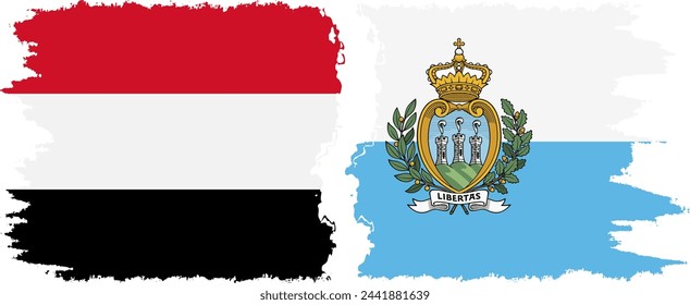 San Marino and Yemen grunge flags connection, vector