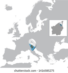 San MarinoLocation Map on map Europe. 3d San Marino flag map marker location pin. High quality map of San Marino.  Vector illustration EPS10.