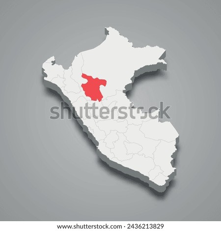 San Martin department highlighted in red on a grey Peru 3d map