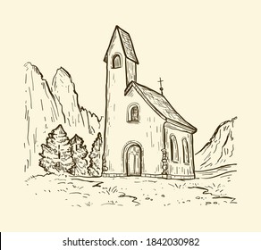 San Maurizio chapel on the Gardena Pass. Sketch hand drawn vector illustration with church on the mountain. Vintage design for print, postcard, poster, cover. Italy, Europe. 