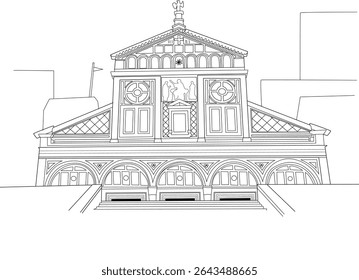 San Miniato al Monte Basilica Line Art, Black and white line drawing illustration of the historic facade of the Basilica di San Miniato al Monte in Florence, Italy, a prominent example of Romanesque