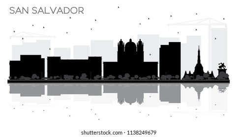 San Salvador City skyline black and white silhouette with Reflections. Vector Illustration. Simple flat concept for tourism presentation, banner, placard or web site. Cityscape with landmarks.