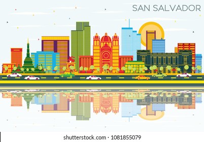 San Salvador City Skyline with Color Buildings, Blue Sky and Reflections. Vector Illustration. Business Travel and Tourism Concept with Modern Architecture. San Salvador Cityscape with Landmarks.