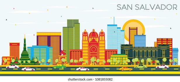 San Salvador City Skyline with Color Buildings and Blue Sky. Vector Illustration. Business Travel and Tourism Concept with Modern Architecture. San Salvador Cityscape with Landmarks.