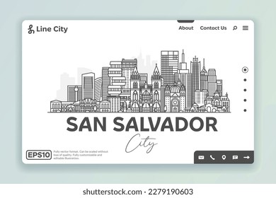 La arquitectura de San Salvador, El Salvador, es una ilustración de la línea del horizonte. Paisaje lineal vectorial con puntos de referencia famosos, vistas de la ciudad, iconos de diseño. Paisaje con trazos editables.