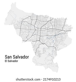 San Salvador vector map. Detailed map of San Salvador city administrative area. Cityscape panorama. Royalty free vector illustration. Road map with highways, rivers.