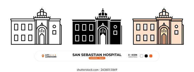 San Sebastian Hospital Line Icon, Cordoba, Spain Landmark, Silhouette, Color Vector, Editable Stroke.
