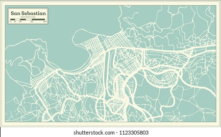 Mapa de la ciudad de San Sebastián en estilo retro. Mapa de esquema. Ilustración vectorial.