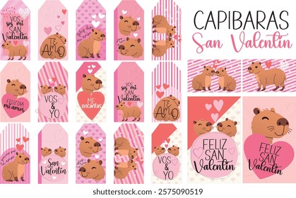 San valentin capibaras capybara carpincho etiqueta postal tag vector