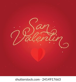 San Valentin gold script lettering with red heart on gradient background