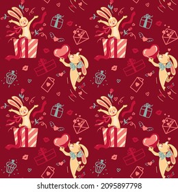 San Valentine's Day. Rabbit and heards. Love. Celebration. Seamless pattern for fabric, wrapping, textile, wallpaper, apparel. Vector.