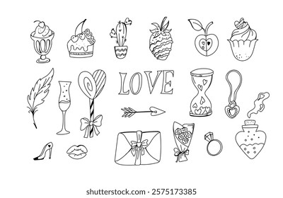 San valentines day set doodle. Hand draw on white background. Vector .