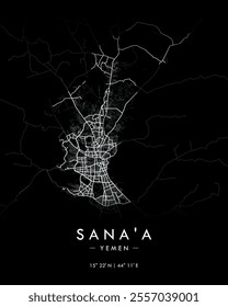 Sanaa vector print map in dark theme. Detailed map of Sanaa in Yemen. Best free vector illustration. Tourist decorative minimalist street map.