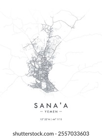 Sanaa vector print map. Detailed map of Sanaa in Yemen. Best free vector illustration. Tourist decorative minimalist street map.