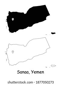 Sanaa, Yemen. Detailed Country Map with Location Pin on Capital City. Black silhouette and outline maps isolated on white background. EPS Vector