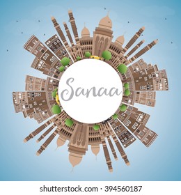 Sanaa (Yemen) Skyline with Brown Buildings and Copy Space. Vector Illustration. Business Travel and Tourism Concept with Historic Buildings. Image for Presentation Banner, Placard and Web Site.