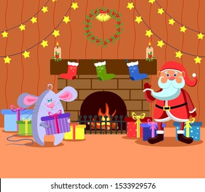 Sanata Claus with mouse against the background of a fireplace and gifts. Christmas and New Year illustration for a postcard.