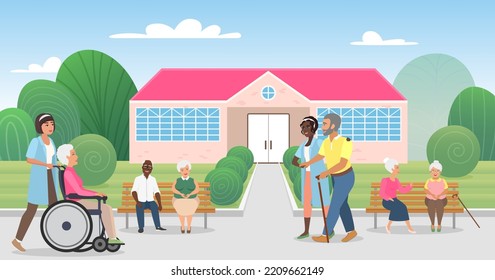 Sanatorium, nursing home for elderly patients vector illustration. Cartoon nurse carrying old disabled woman in wheelchair, senior people sitting on benches in park near hospital building background