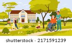 Sanatorium, nursing home with green summer park for elderly patients vector illustration. Cartoon old people walking, doing yoga exercises, woman nurse carrying disabled man on wheelchair background