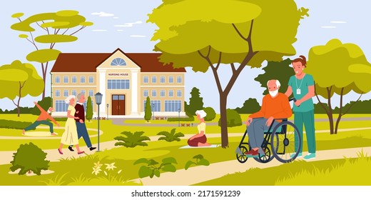 Sanatorium, Nursing Home With Green Summer Park For Elderly Patients Vector Illustration. Cartoon Old People Walking, Doing Yoga Exercises, Woman Nurse Carrying Disabled Man On Wheelchair Background