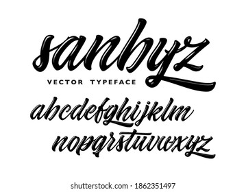 Sanbyz vector typeface. Handwritten decorative script font. Hand drawn brush style modern cursive typeface. Lettering and typography alphabet for Designs: Logo, Greeting Cards, Poster. 