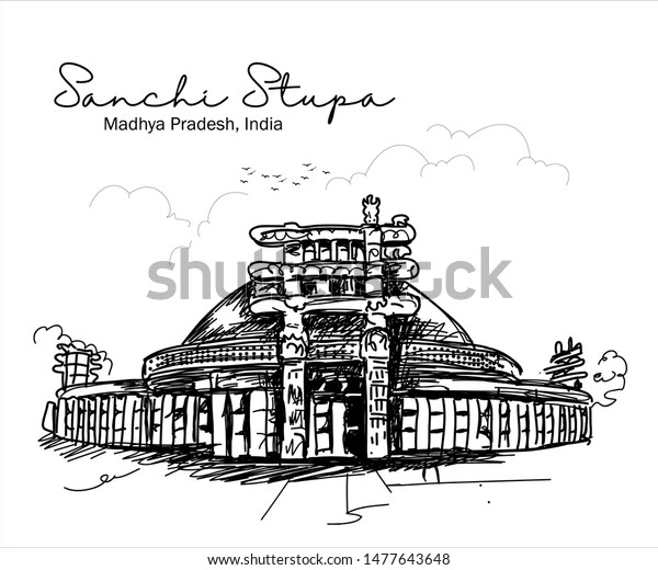 Sanchi Stupa madhya Pradesh india sketch.\
vector illustration