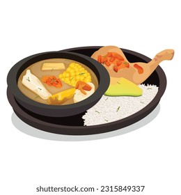 Sancocho de Gallina. signature dish of Panama. Traditional Colombian soup from the region of Valle del Cauca called sancocho. Chicken Stew vector illustration.