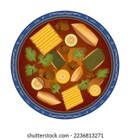 Sancocho soup. Meats and vegetables stew. Latin American food. Close up bowl top view. Colorful vector illustration isolated on white background.