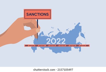 Sanctions against Russia. Map of Russia and restrictions imposed on it. The hand is holding a tablet. Vector image.