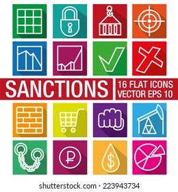 Sanctions against Russia. Political pressure symbols. Flat linear color square icon with shadows set vector illustration.