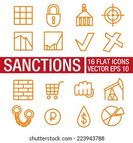 Sanctions against Russia. Political pressure symbols. Flat linear icon set vector illustration.