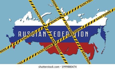 Sanctions against the Russian Federation. Silhouette of map of Russia with flag-tricolor and crossed yellow ribbons with inscriptions