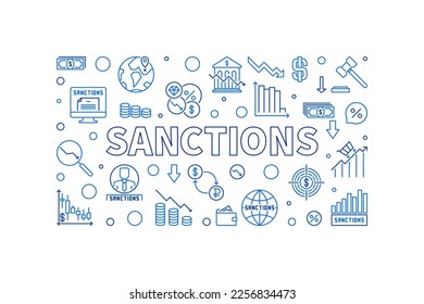 Banner vectorial horizontal de sanciones. Ilustración del concepto de sanciones económicas en el estilo de línea